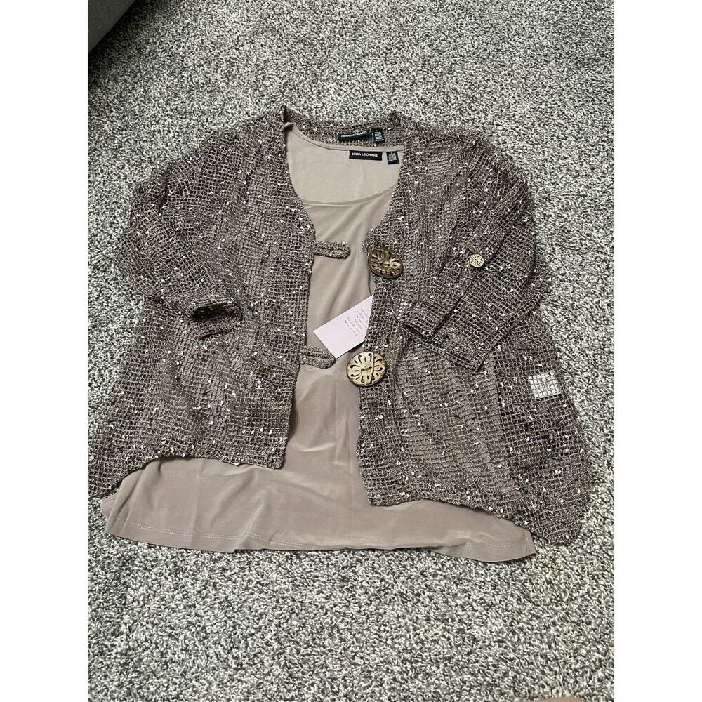 New Nina Leonard 2-Piece Mocha Sequined Cardigan and Tank Set.L